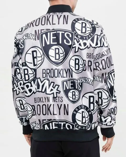 NBA BROOKLYN NETS AOP MEN'S SATIN JACKET (BLACK)
