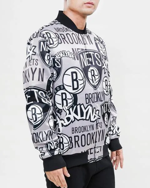 NBA BROOKLYN NETS AOP MEN'S SATIN JACKET (BLACK)