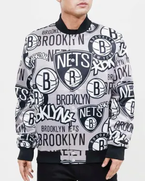 NBA BROOKLYN NETS AOP MEN'S SATIN JACKET (BLACK)