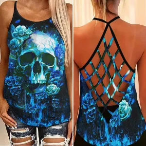Ocean Skull Gothic Punk Style Criss-Cross Open Back Tank Top