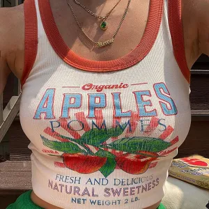 Organic Apples Ringer Tank Top White Sleeveless Midrift Baby Tee Pommes Fresh And Delicious Natural Sweetness Available In Sizes Small Medium Large Or XL