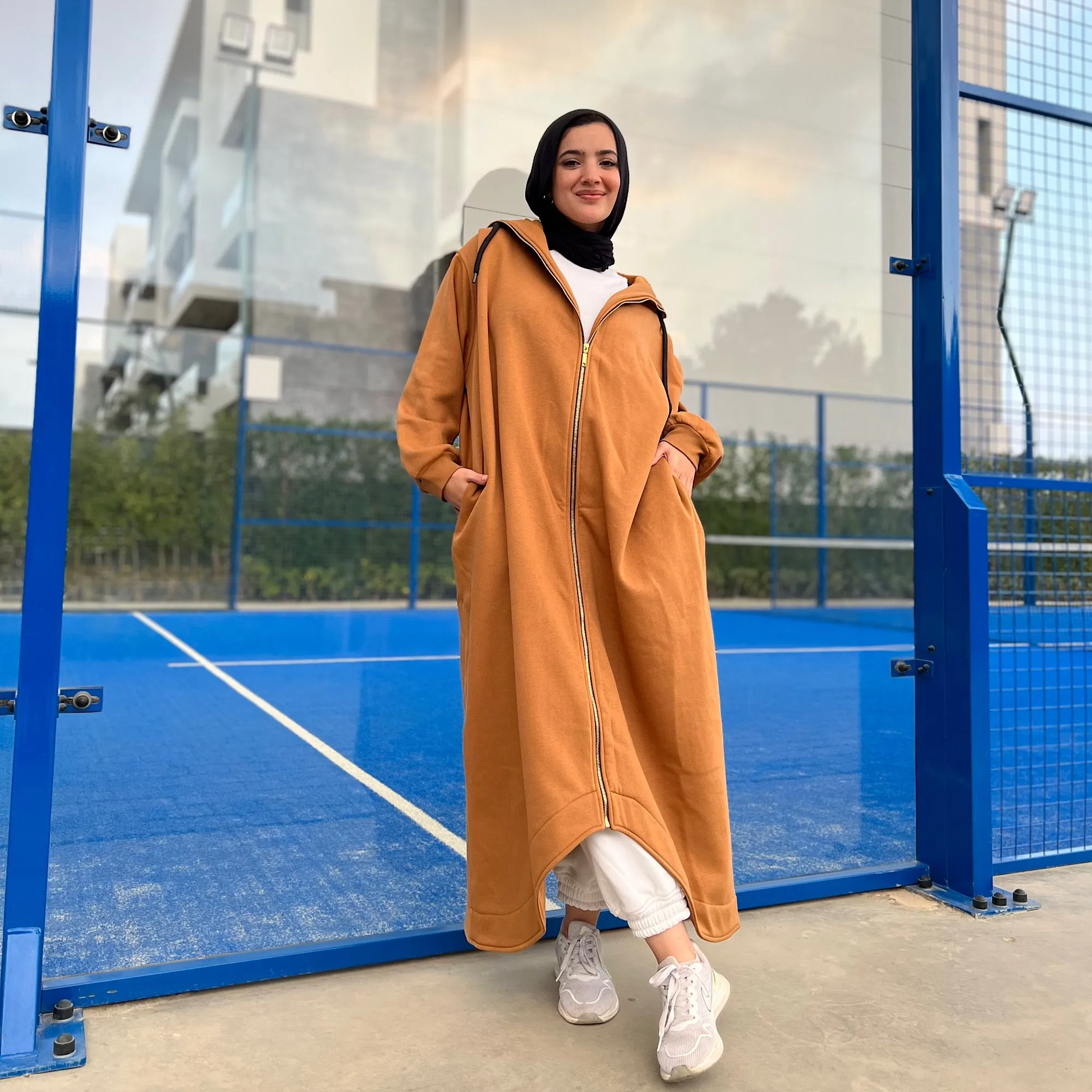 Oversized camel long zipped jacket