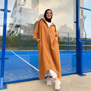 Oversized camel long zipped jacket