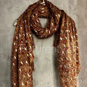Seamless Small leaf’s With Gold Foil Brown Cotton Scarf/Summer Autumn Winter Scarf/Gifts For Mum/Gifts For Her Birthday Christmas/UK Seller