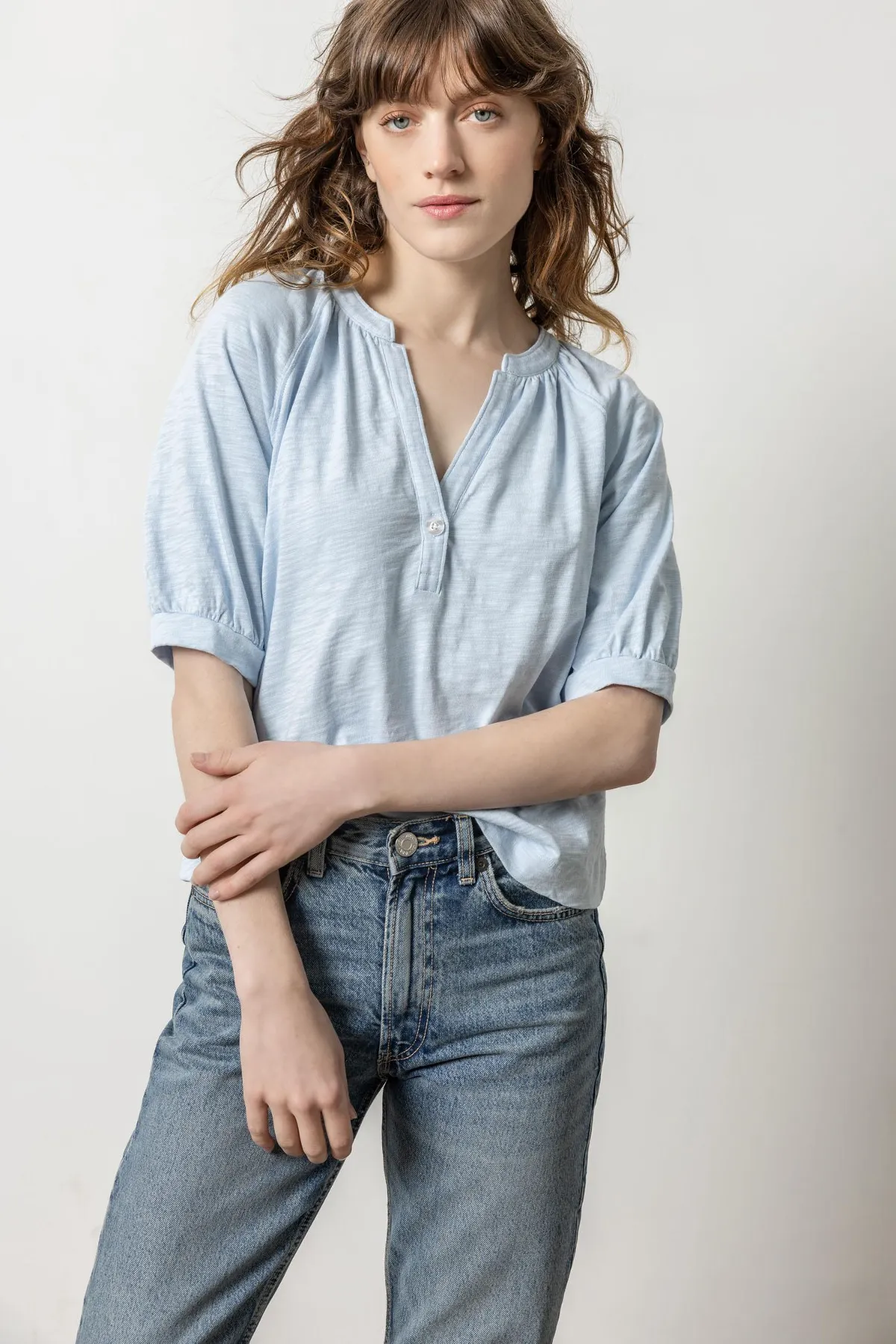 Shirred Split Neck Raglan