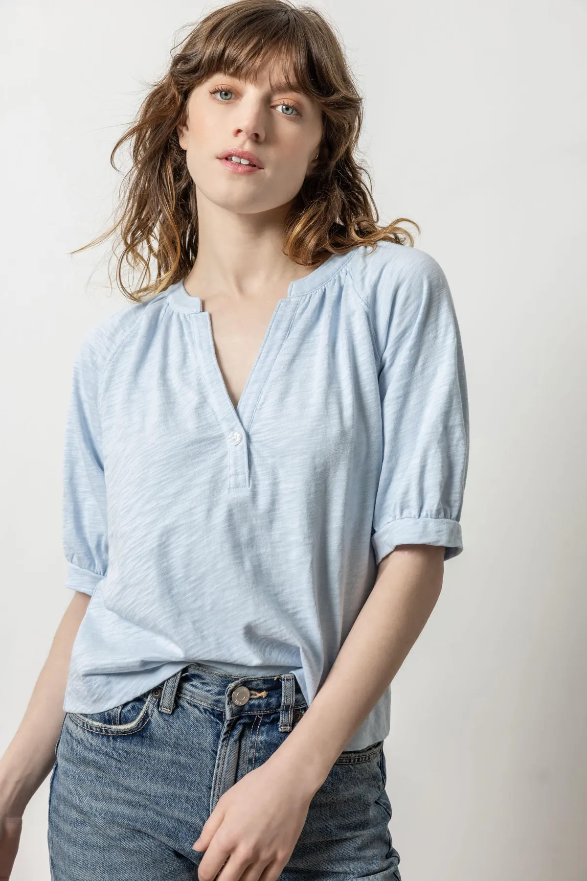 Shirred Split Neck Raglan