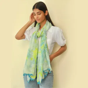 Sky Blue & Green Tie & Dye Pom Pom Border Modal Scarf