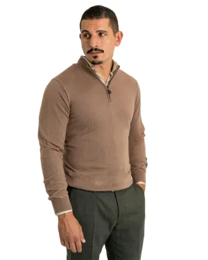 Taupe Cotton Cashmere Zip Neck Jumper