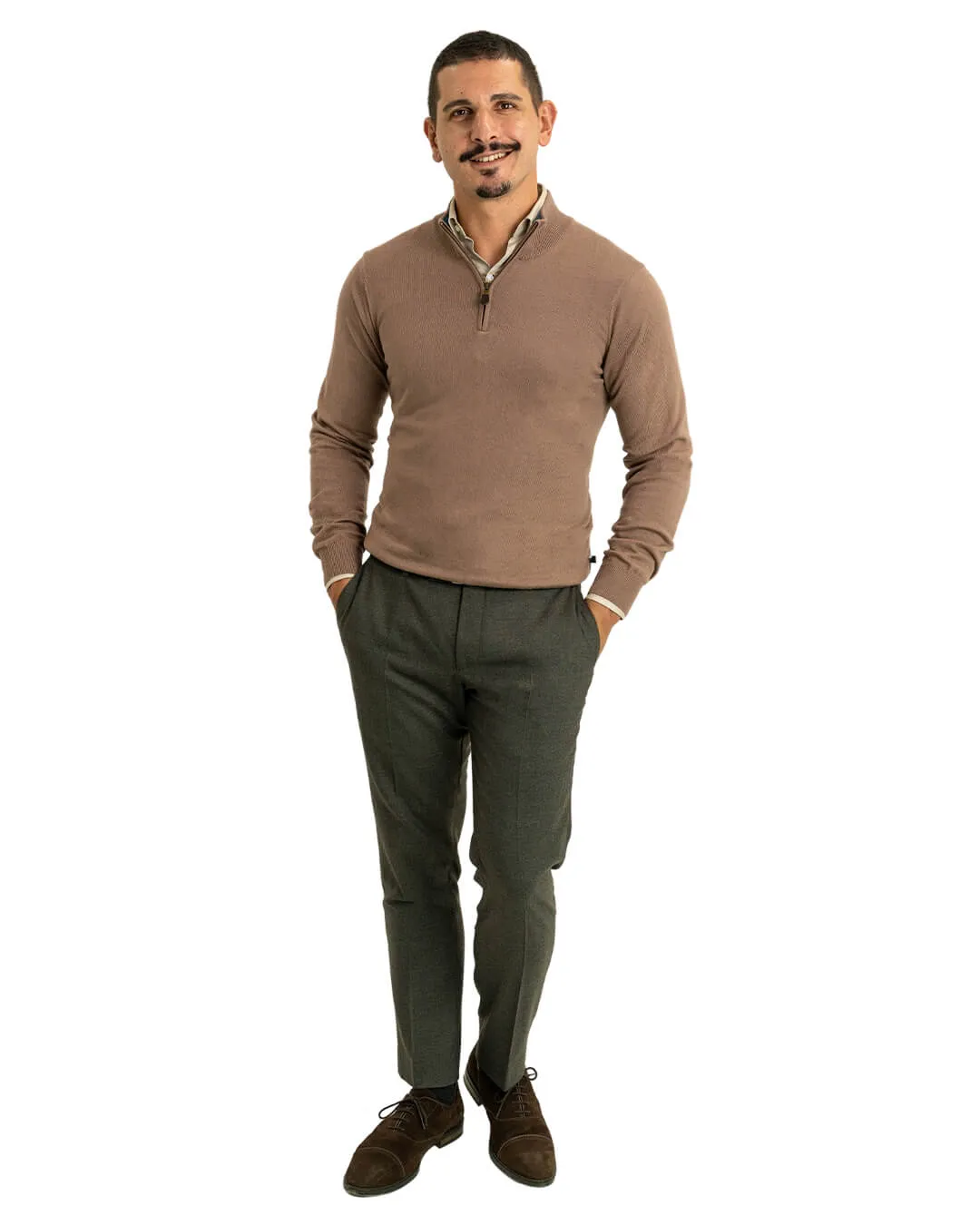 Taupe Cotton Cashmere Zip Neck Jumper