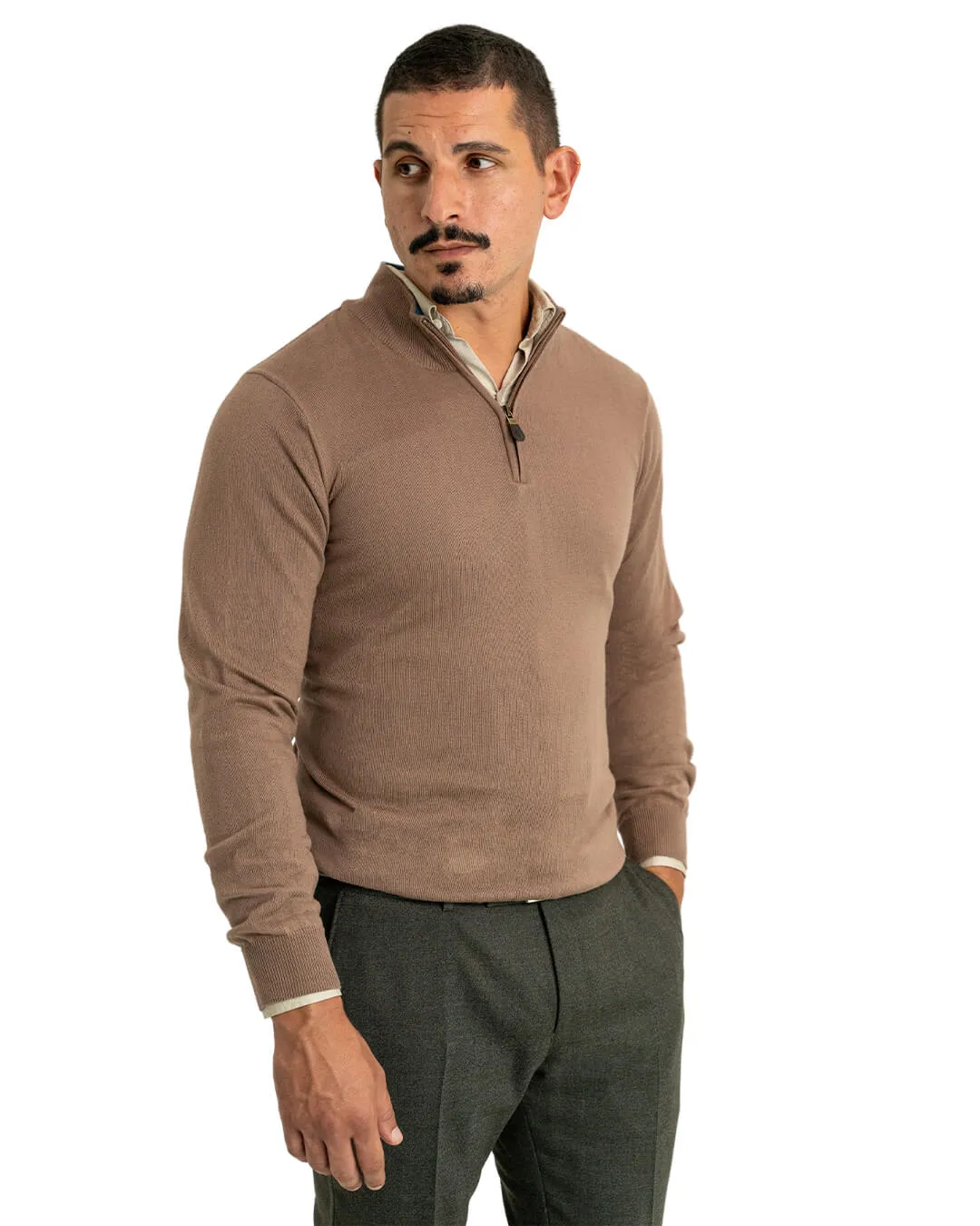 Taupe Cotton Cashmere Zip Neck Jumper