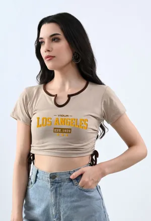 Trendy Beige Typography Crop Top