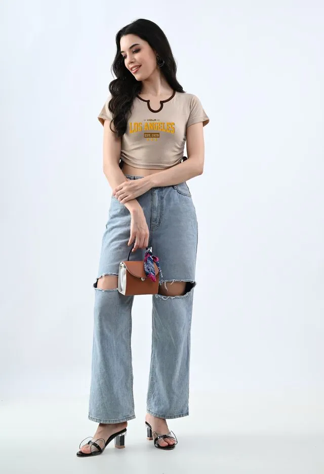 Trendy Beige Typography Crop Top