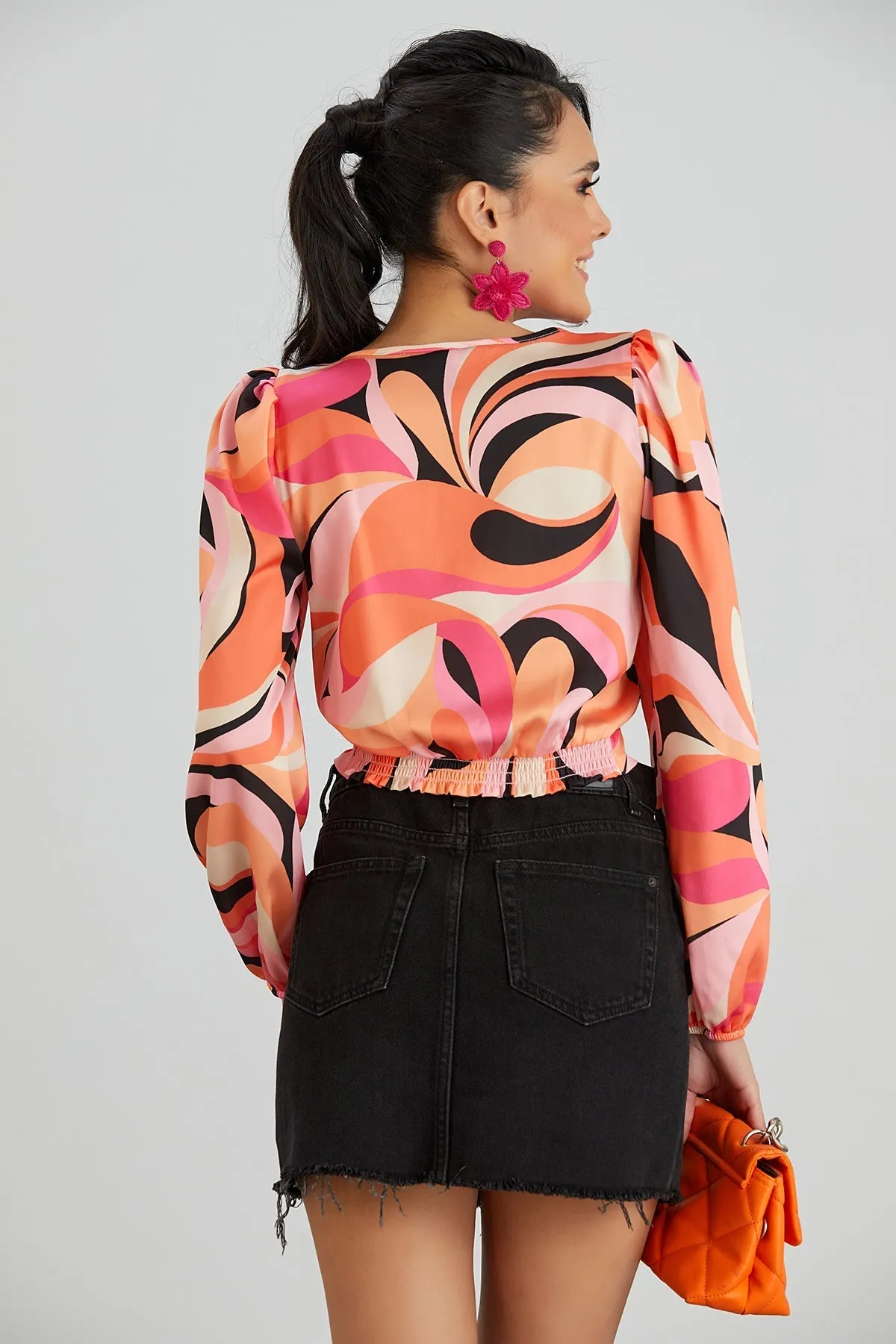 Vibrant Long Sleeve Crop Top in Coral Abstract Design