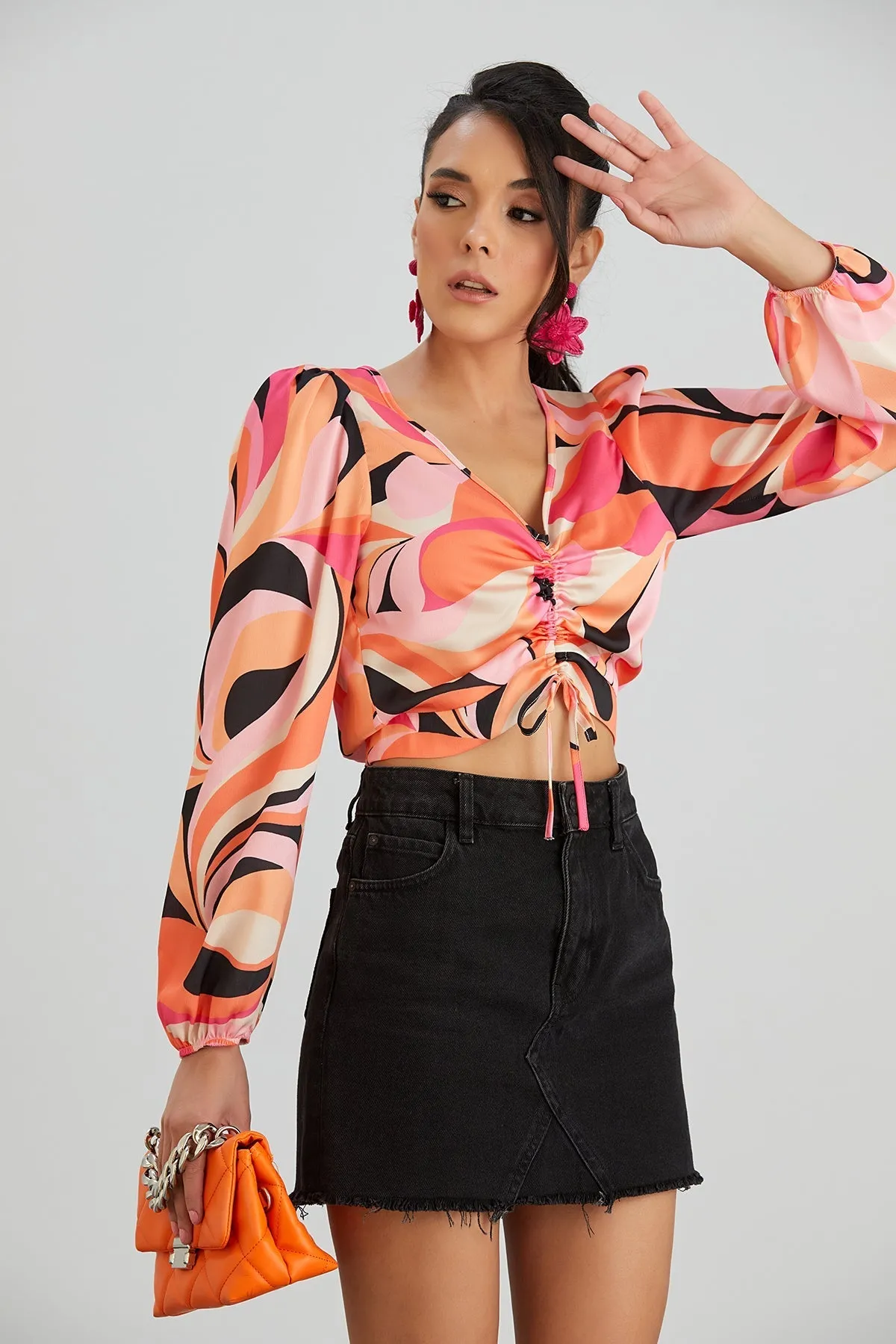Vibrant Long Sleeve Crop Top in Coral Abstract Design