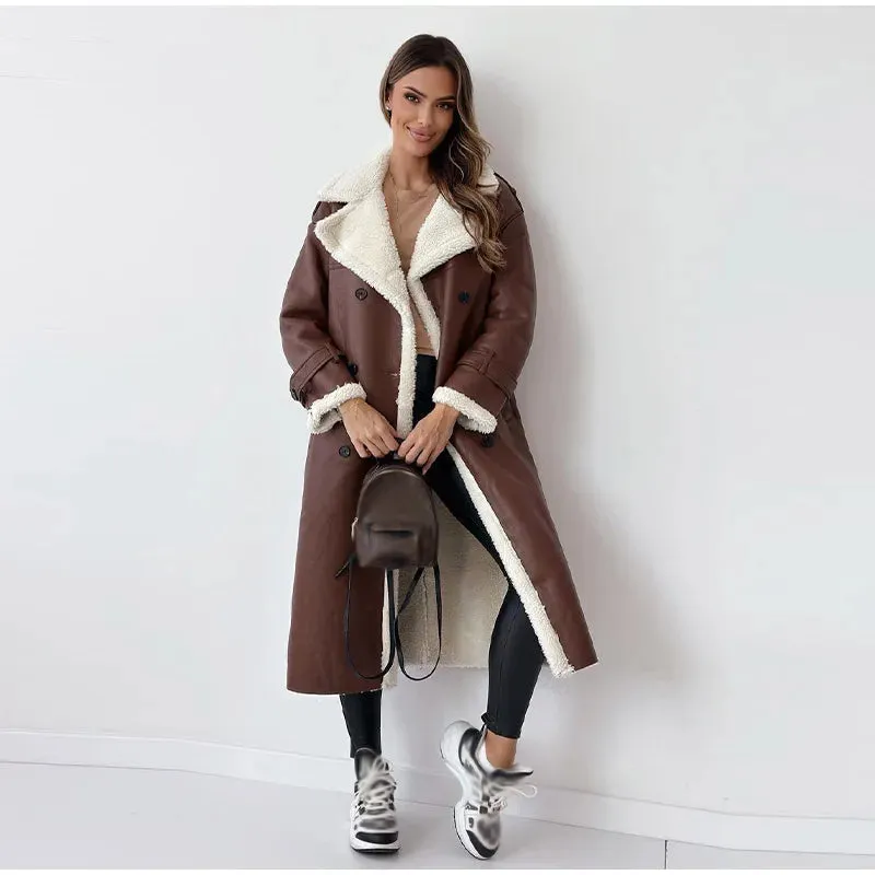 Women's Mid-length Fleece Down Collar Wool Coat with Belt | Ideal for Autumn/Winter