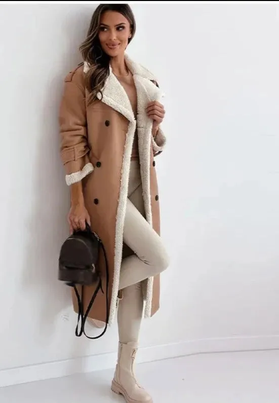 Women's Mid-length Fleece Down Collar Wool Coat with Belt | Ideal for Autumn/Winter