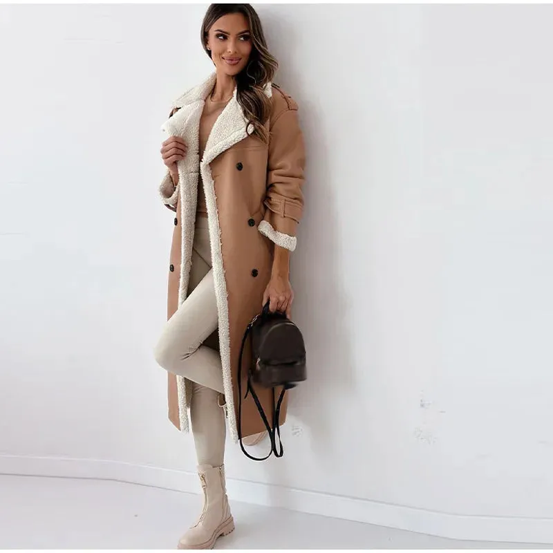 Women's Mid-length Fleece Down Collar Wool Coat with Belt | Ideal for Autumn/Winter