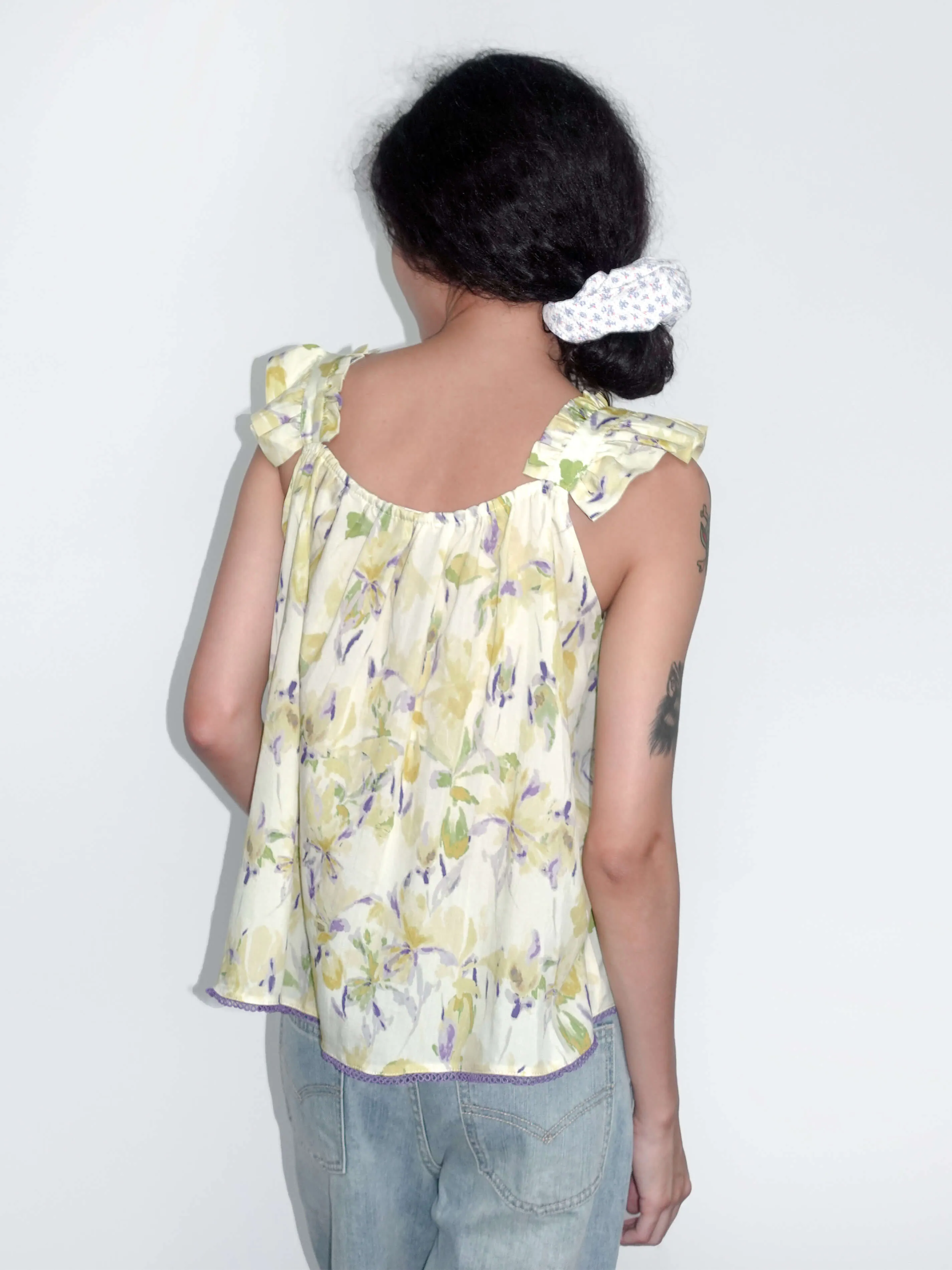 Yellow Floral Print Ruffle Cami Top