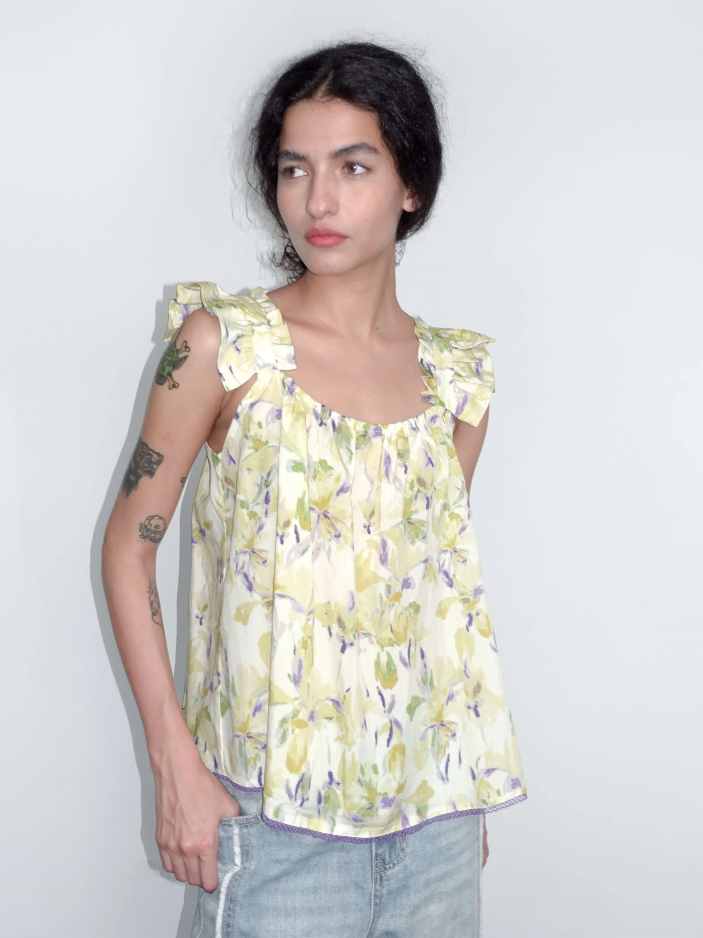Yellow Floral Print Ruffle Cami Top