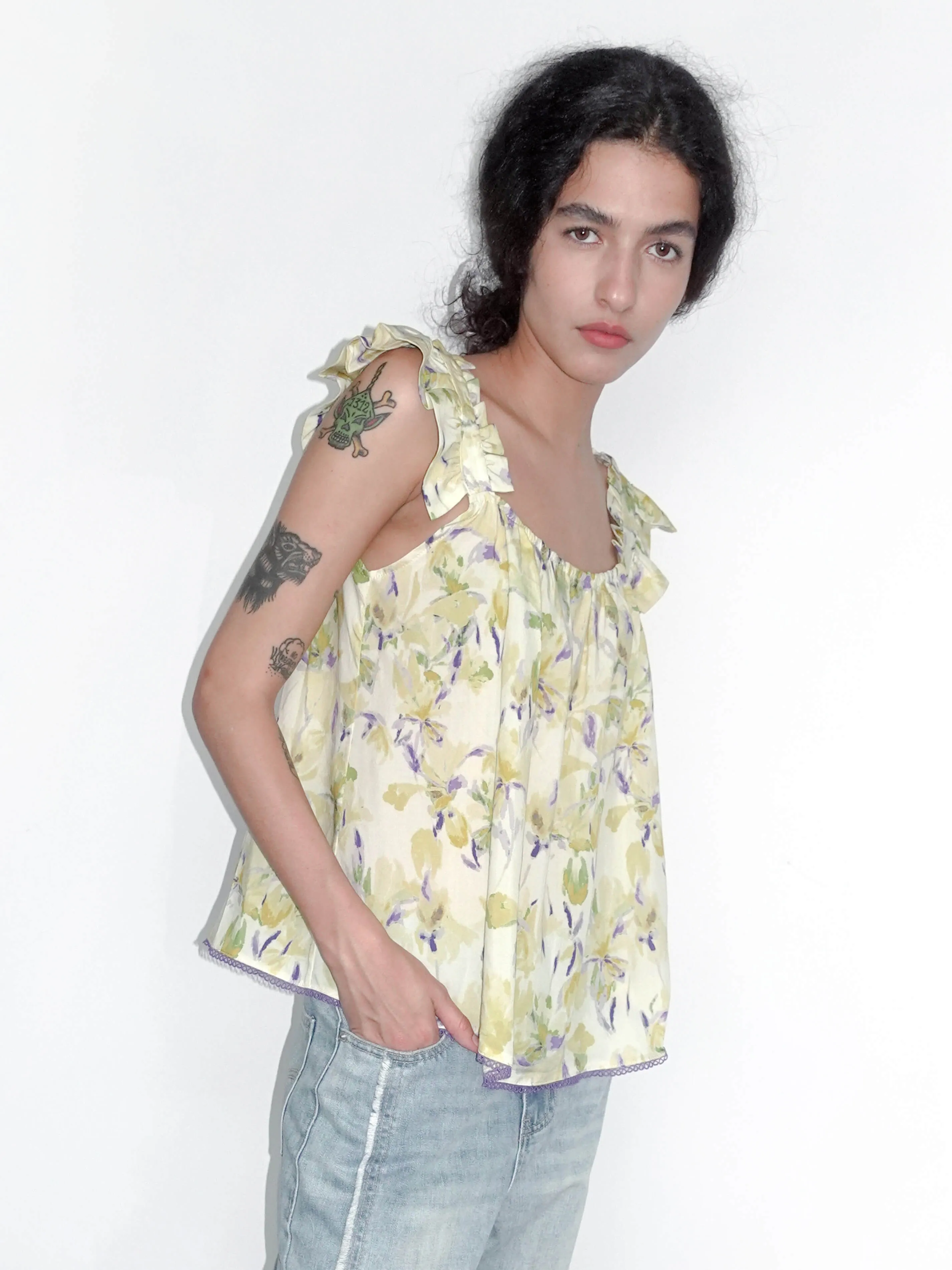 Yellow Floral Print Ruffle Cami Top