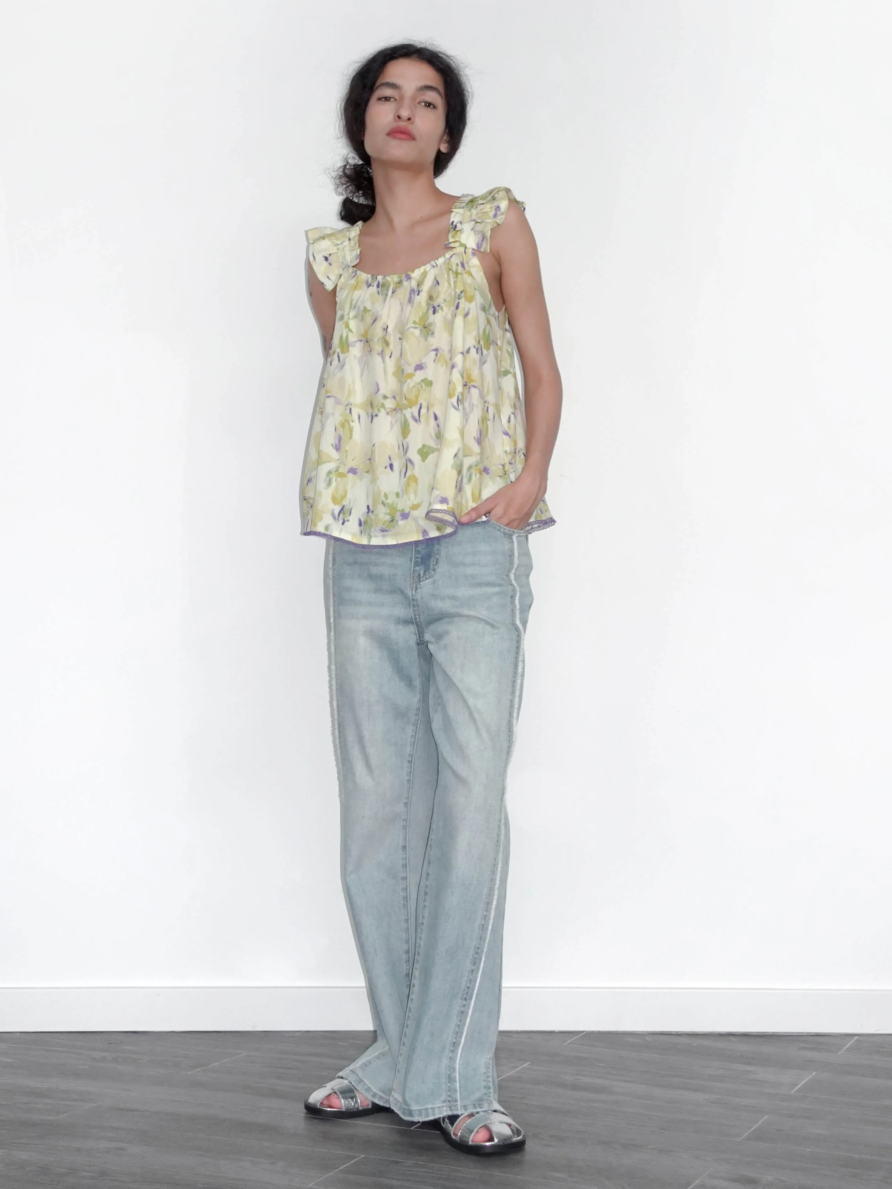 Yellow Floral Print Ruffle Cami Top