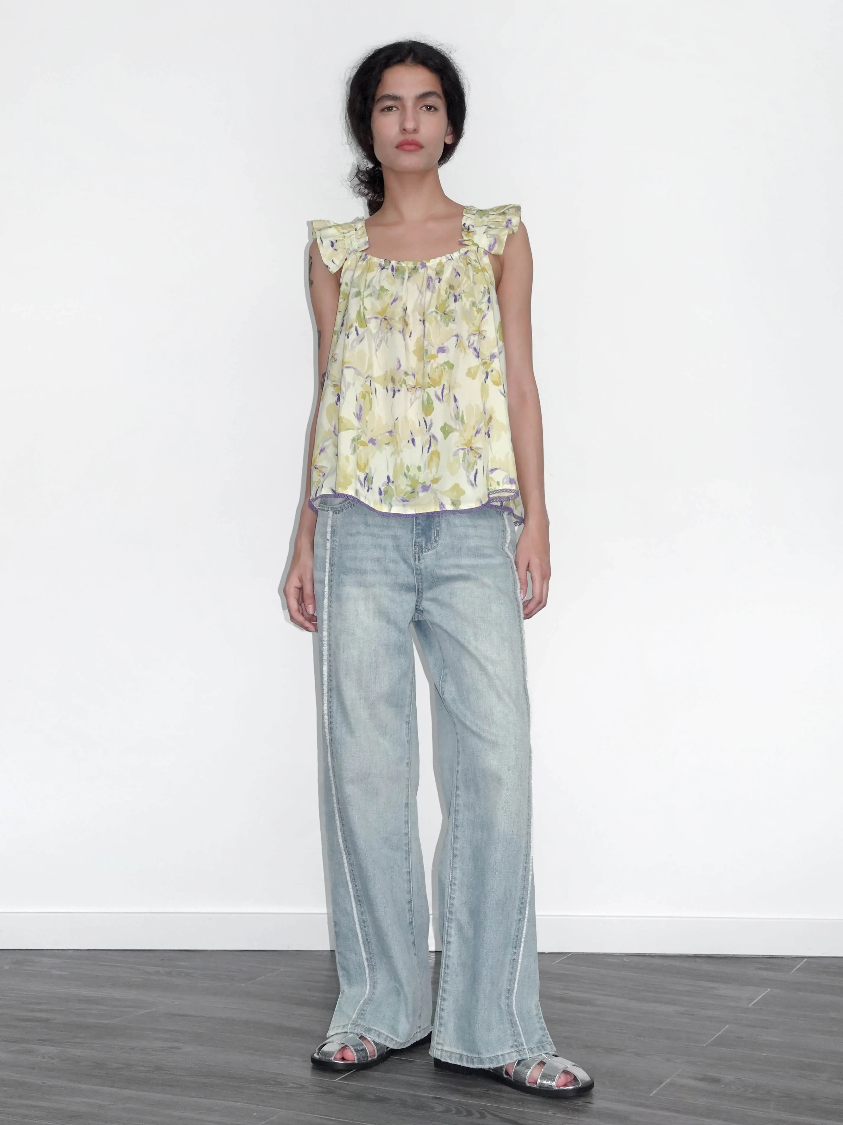 Yellow Floral Print Ruffle Cami Top