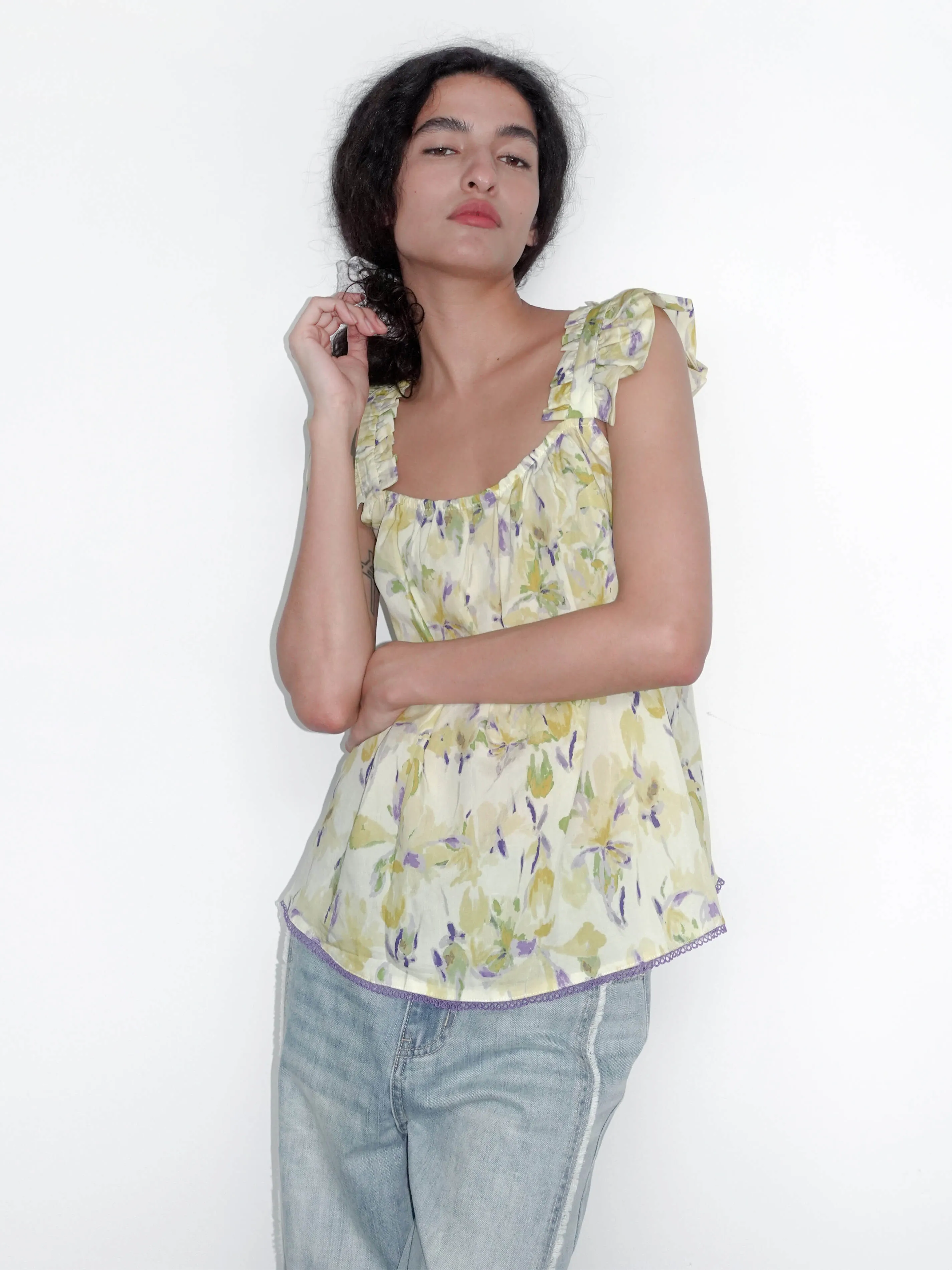 Yellow Floral Print Ruffle Cami Top